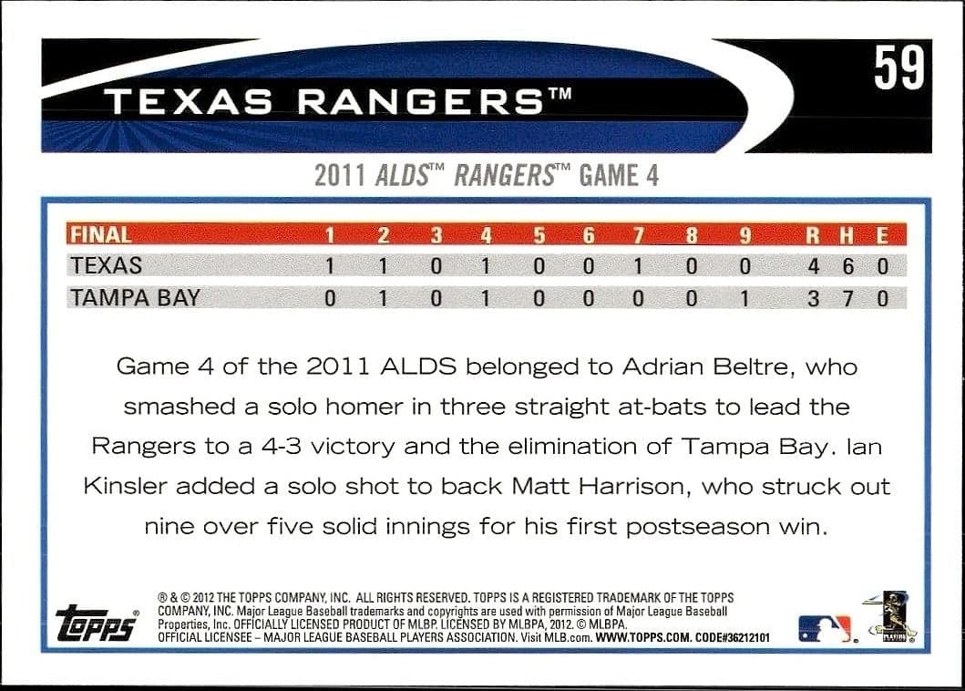 2012 Topps Texas Rangers #59 baseball trading card back
