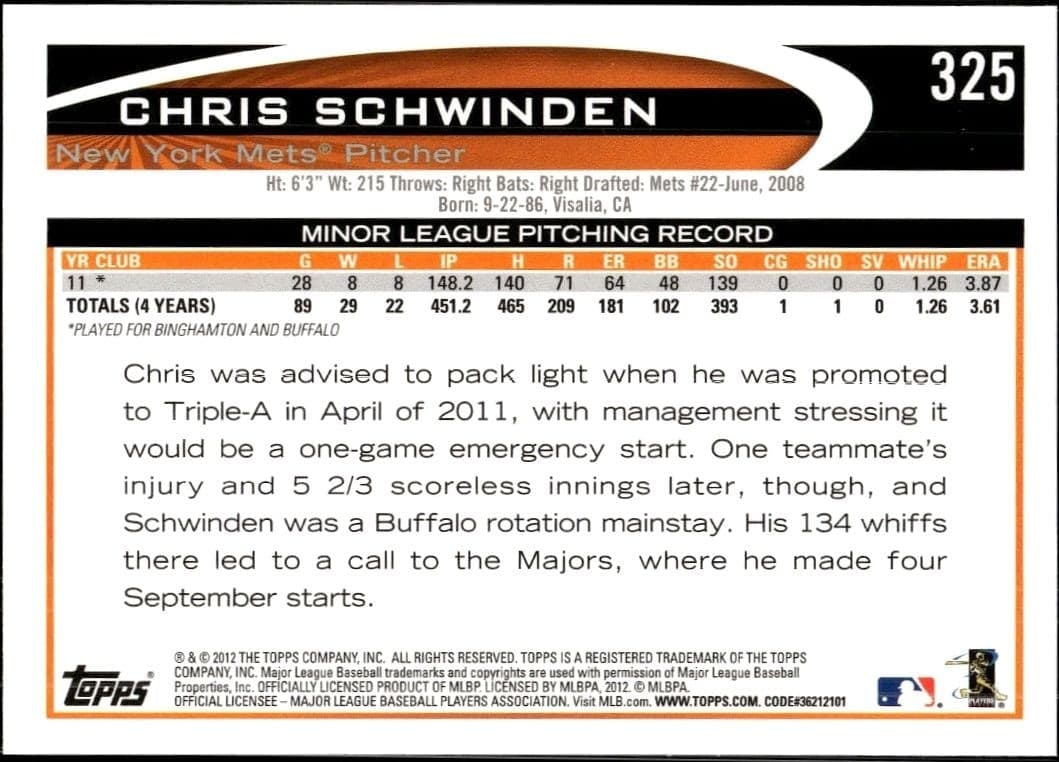 2012 Topps Chris Schwinden #325 baseball trading card back