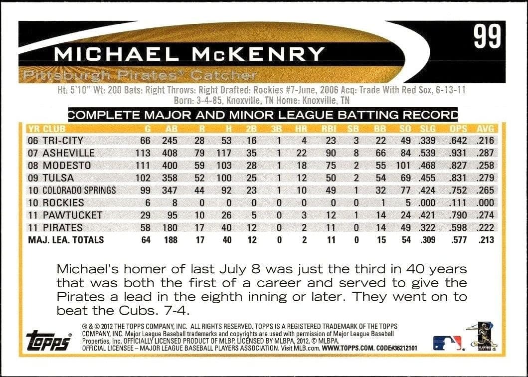 2012 Topps Michael McKenry #99 baseball trading card back