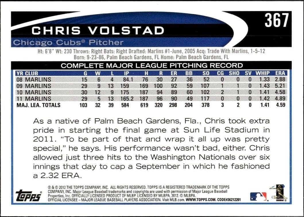 2012 Topps Chris Volstad #367 baseball trading card back