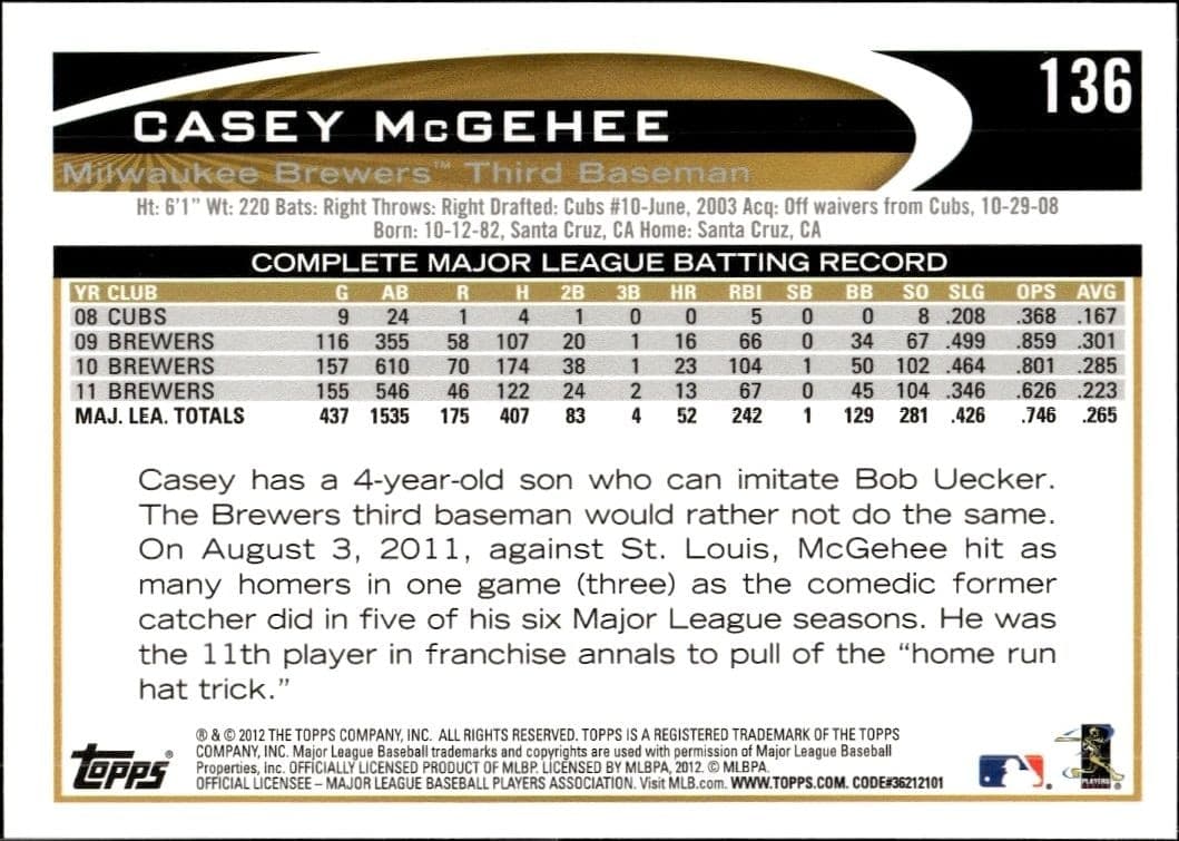 2012 Topps Casey McGehee #136 baseball trading card back