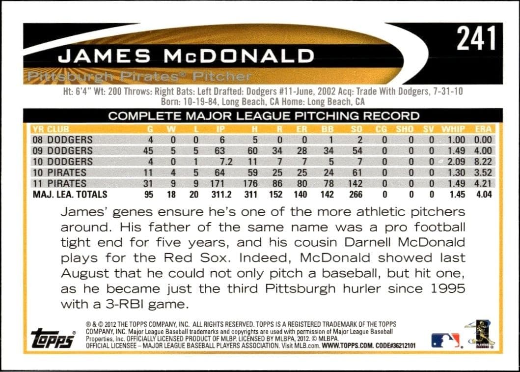 2012 Topps James McDonald #241 baseball trading card back