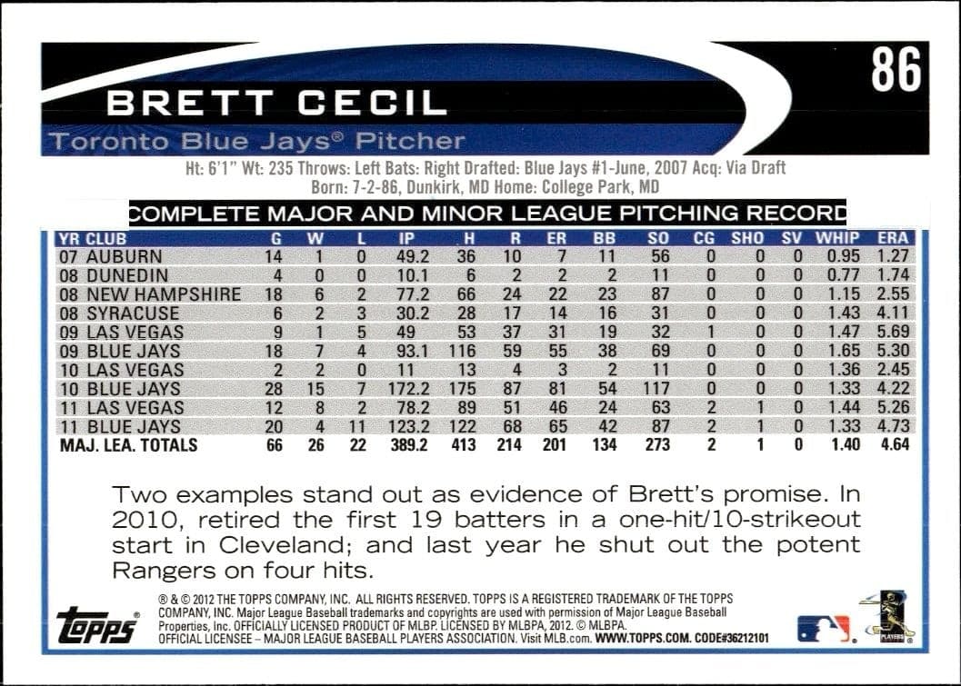 2012 Topps Brett Cecil #86 baseball trading card back