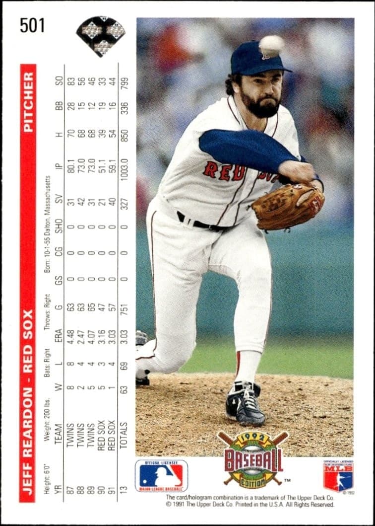 1992 Upper Deck Jeff Reardon #501 baseball trading card back