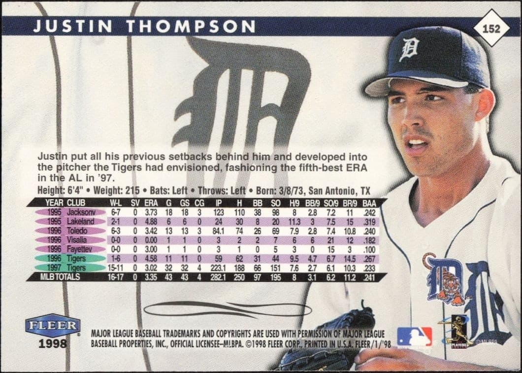 1998 Fleer Tradition Justin Thompson #152 baseball trading card back