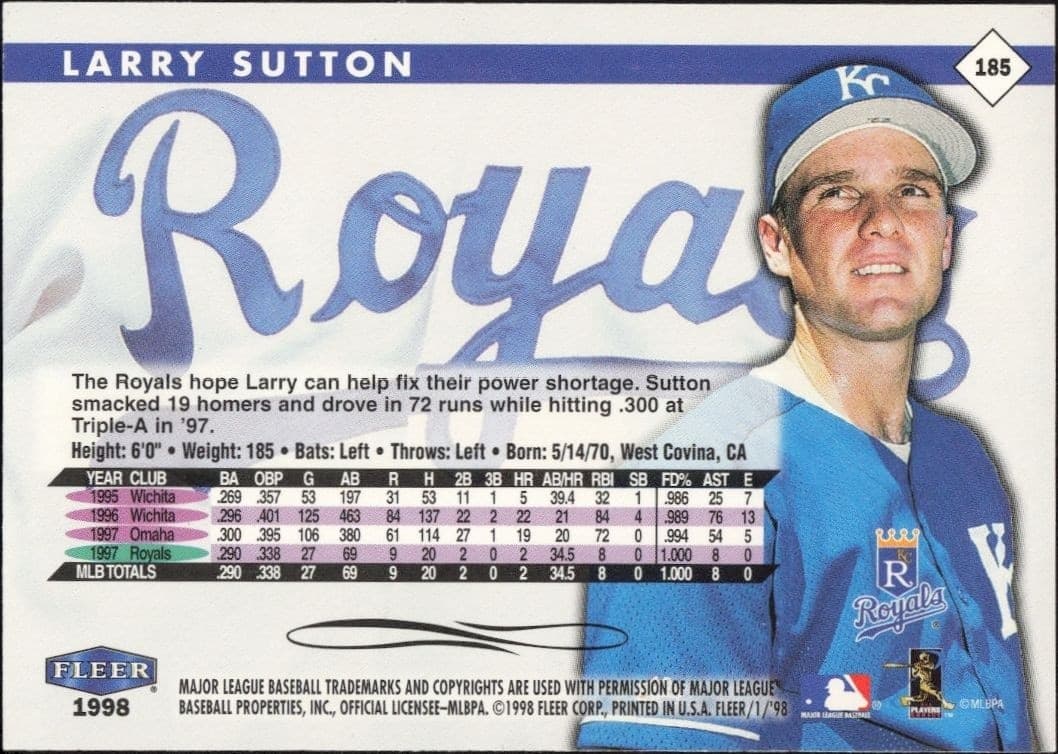 1998 Fleer Tradition Larry Sutton #185 baseball trading card back
