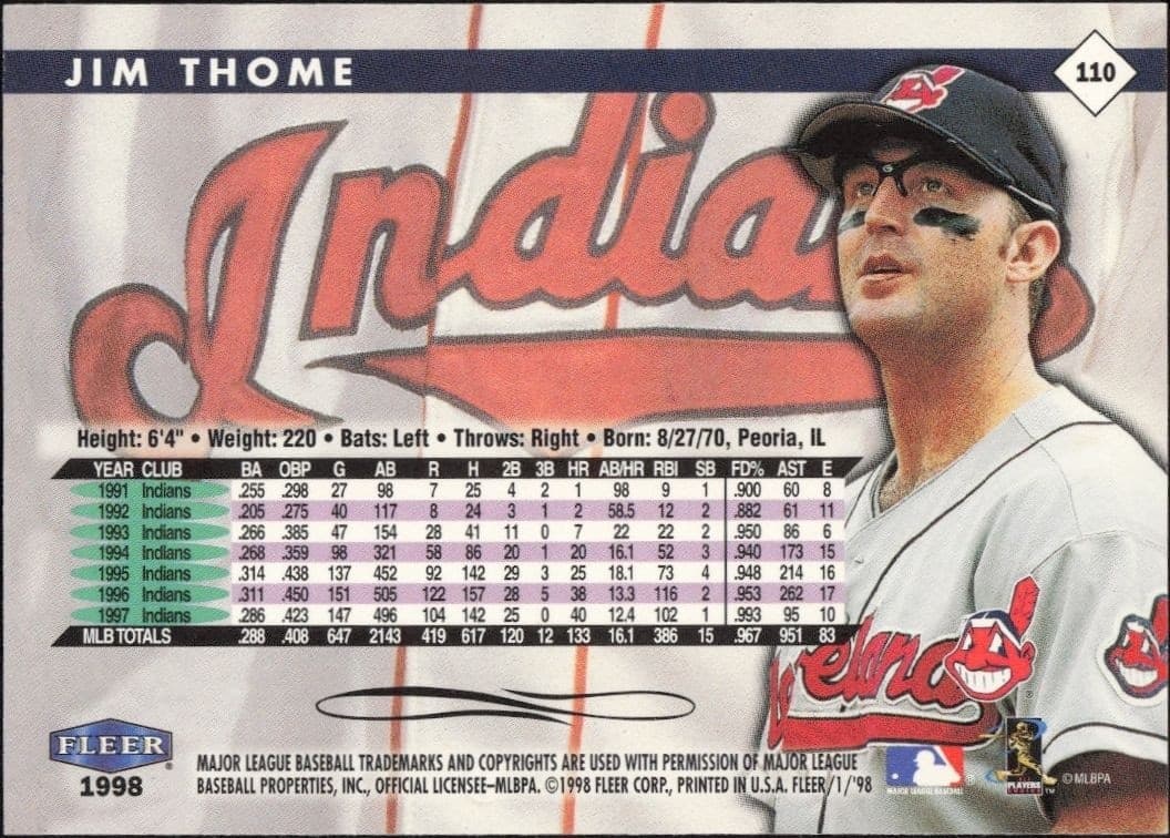 1998 Fleer Tradition Jim Thome #110 baseball trading card back
