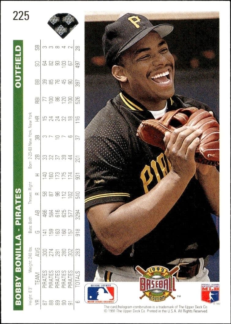 1992 Upper Deck Bobby Bonilla #225 baseball trading card back