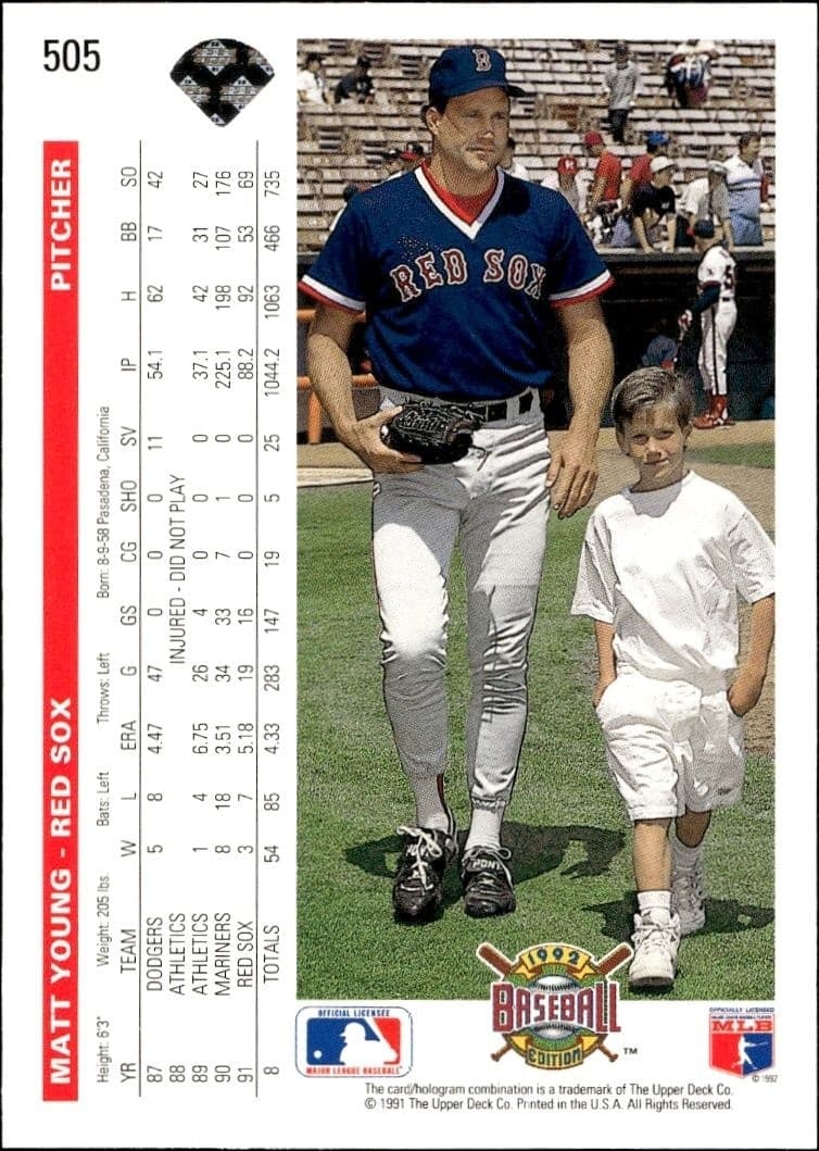 1992 Upper Deck Matt Young #505 baseball trading card back