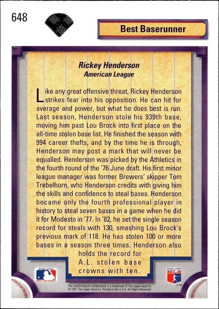 1992 Upper Deck Rickey Henderson #648 baseball trading card back