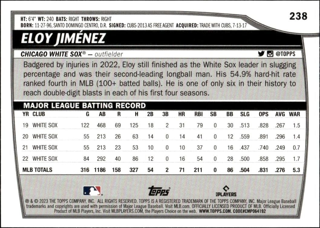 2023 Topps Big League Eloy Jimenez #238 baseball trading card back
