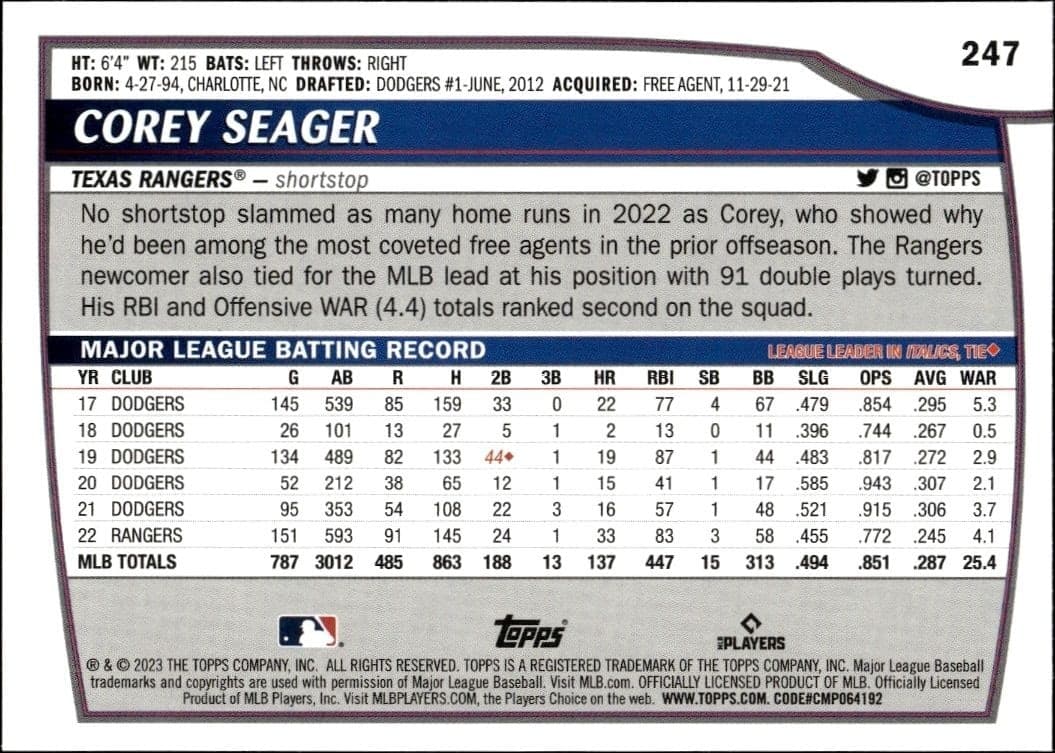 2023 Topps Big League Corey Seager #247 baseball trading card back