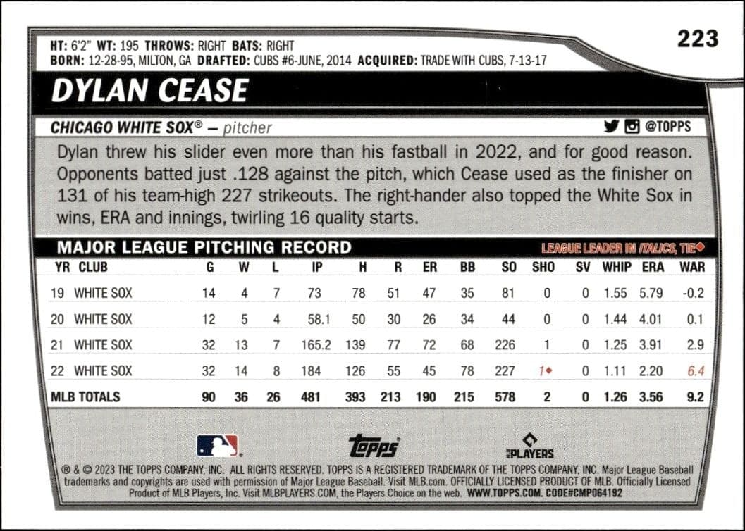 2023 Topps Big League Dylan Cease #223 baseball trading card back
