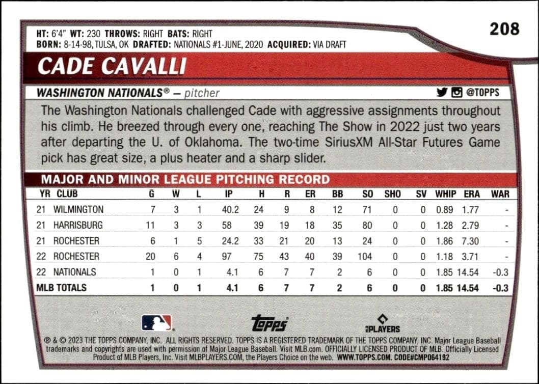 2023 Topps Big League Cade Cavalli #208 baseball trading card back