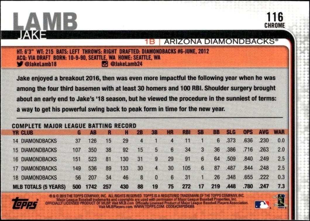 2019 Topps Chrome Jake Lamb #116 baseball trading card back