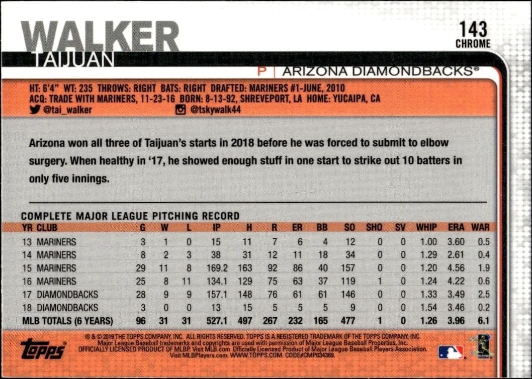 2019 Topps Chrome Taijuan Walker #143 baseball trading card back