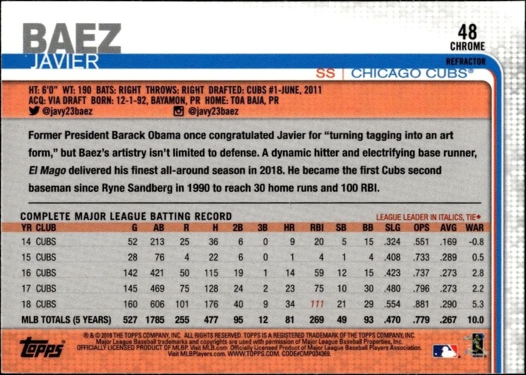 2019 Topps Chrome Javier Baez #48 baseball trading card back