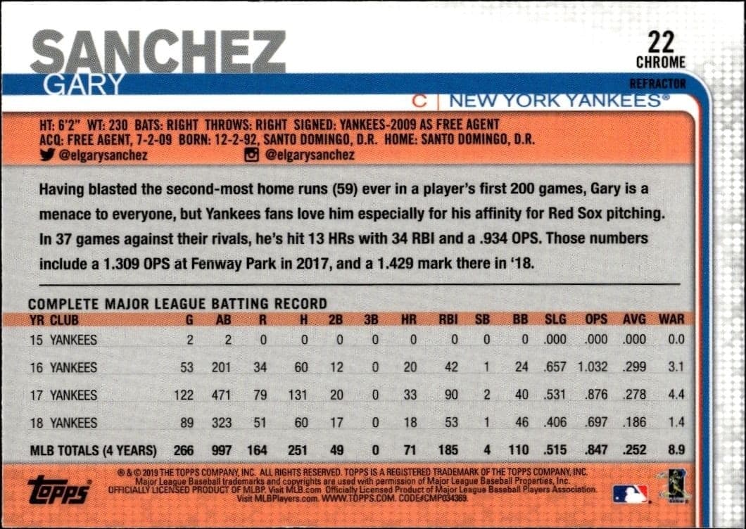 2019 Topps Chrome Gary Sanchez #22 baseball trading card back