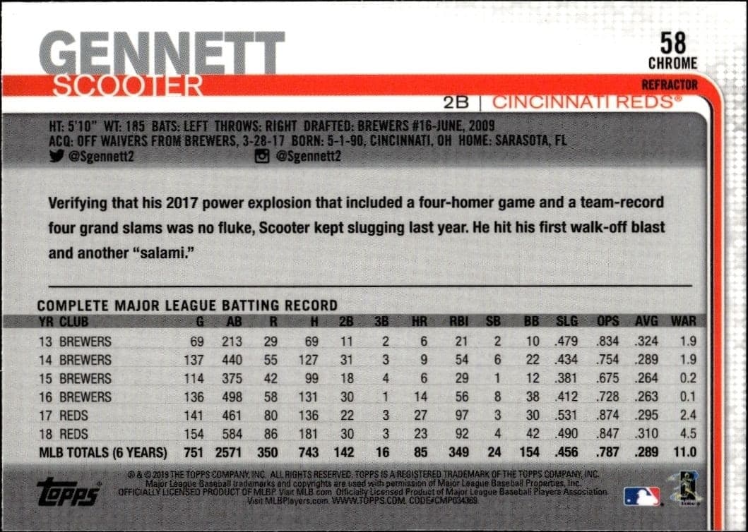 2019 Topps Chrome Scooter Gennett #58 baseball trading card back