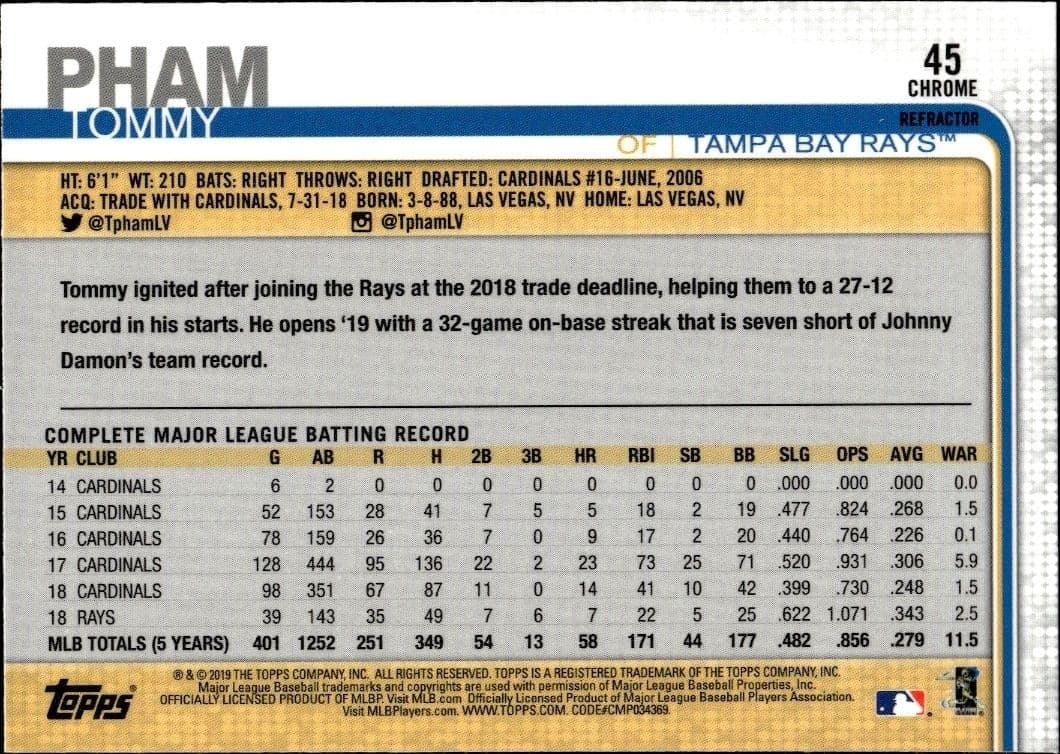 2019 Topps Chrome Tommy Pham #45 baseball trading card back