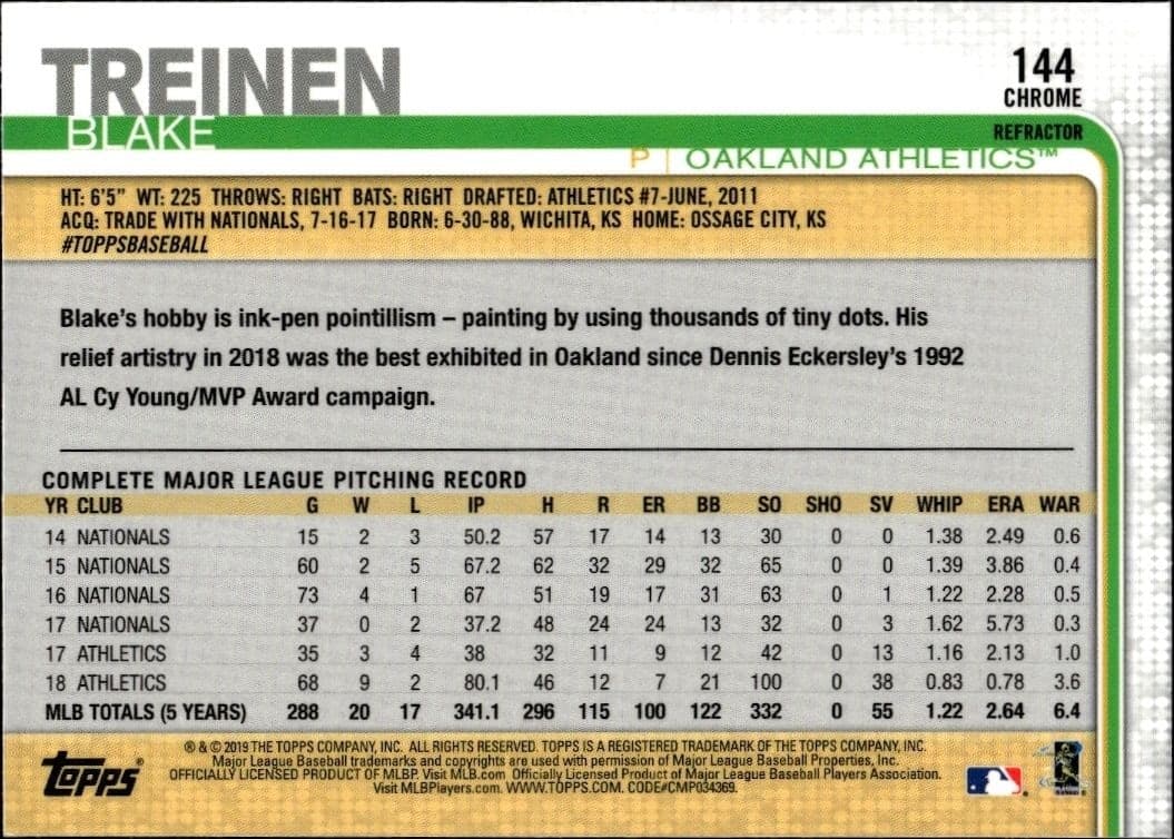 2019 Topps Chrome Blake Treinen #144 baseball trading card back