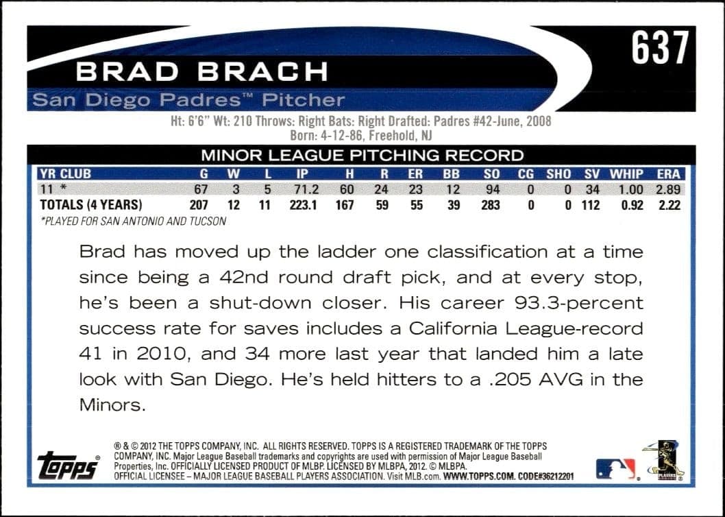 2012 Topps Brad Brach #637 baseball trading card back