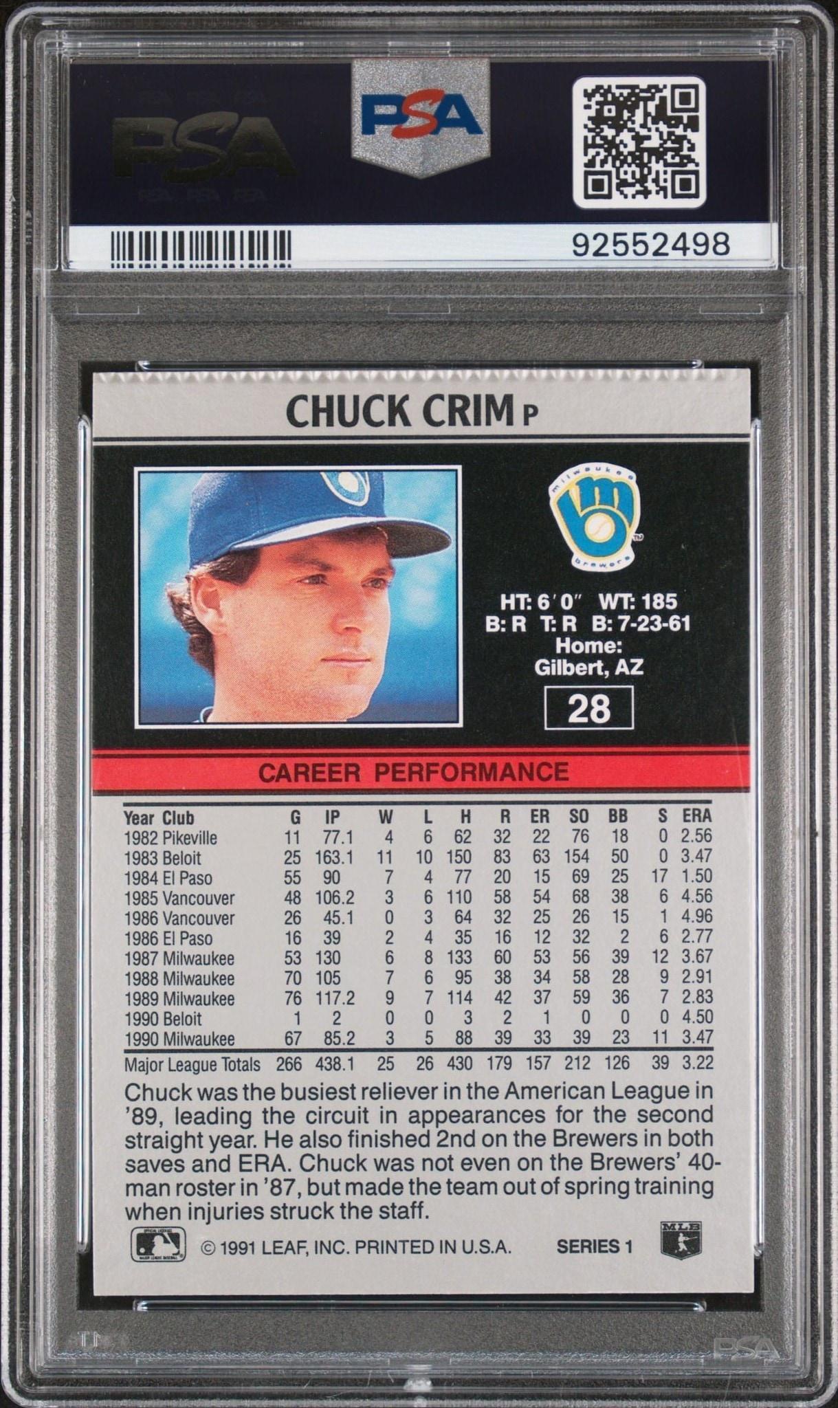 1991 Leaf Chuck Crim #28 baseball trading card back