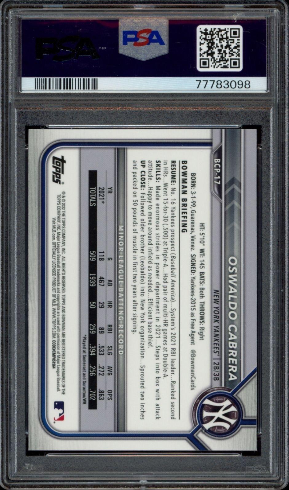 2022 Bowman Chrome Oswaldo Cabrera #BCP-17 baseball trading card back
