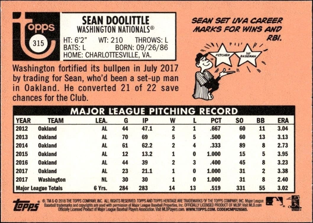 2018 Topps Heritage Sean Doolittle #315 baseball trading card back