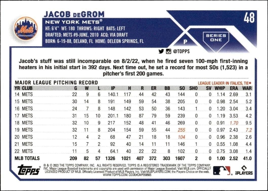 2023 Topps Jacob DeGrom #48 baseball trading card back