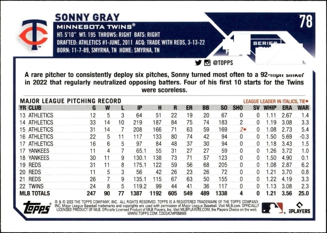 2023 Topps Sonny Gray #78 baseball trading card back