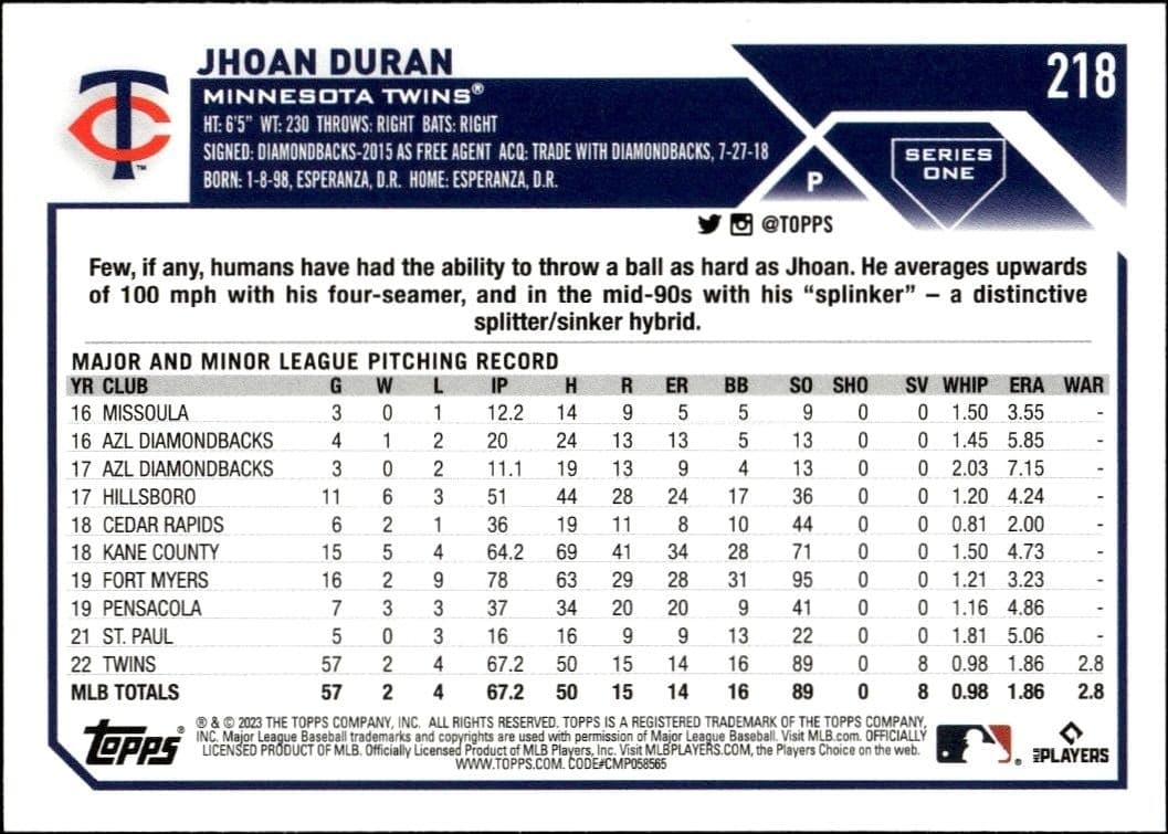 2023 Topps Jhoan Duran #218 baseball trading card back