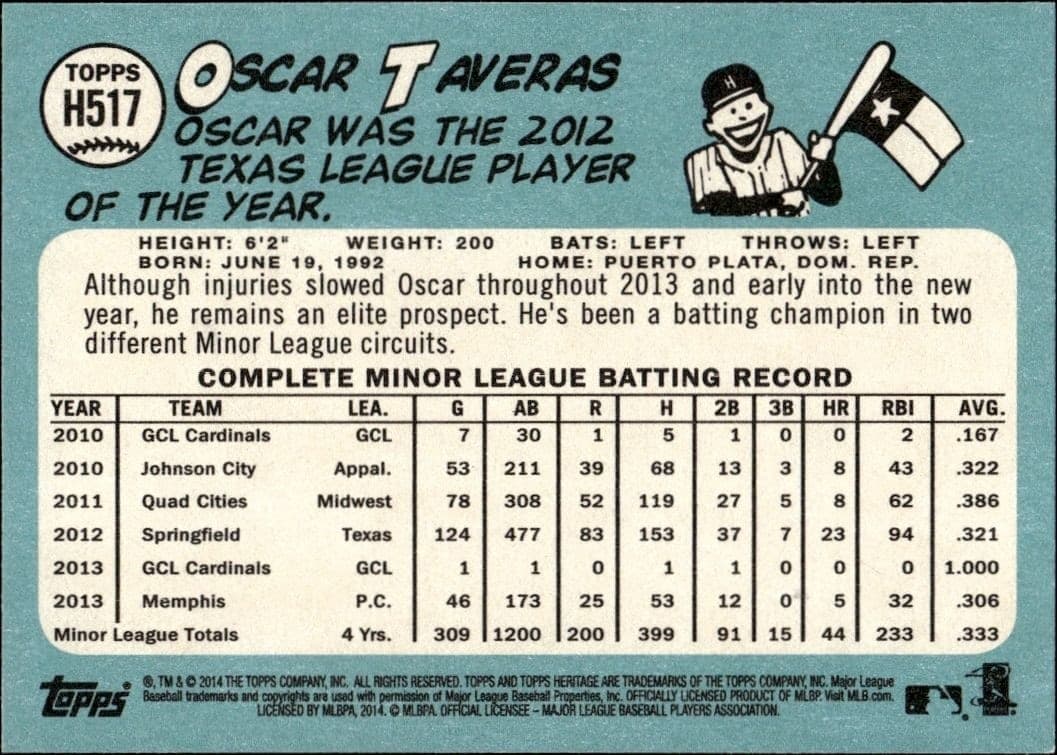 2014 Topps Heritage High Number Oscar Taveras #H517 baseball trading card back