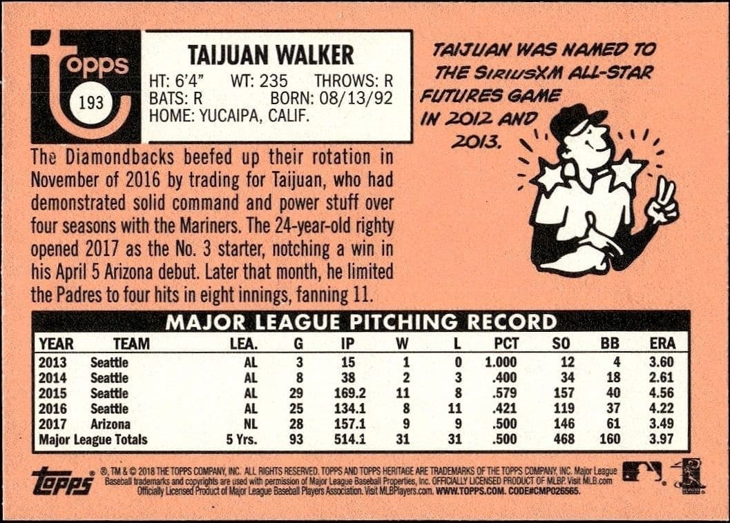 2018 Topps Heritage Taijuan Walker #193 baseball trading card back