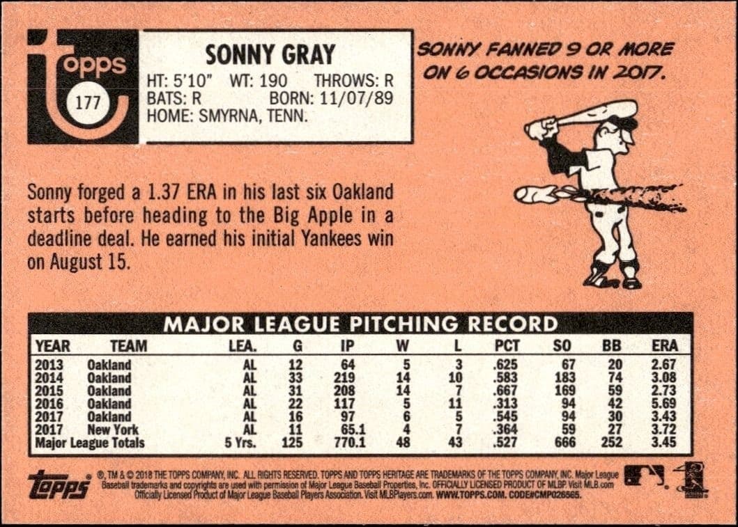2018 Topps Heritage Sonny Gray #177 baseball trading card back