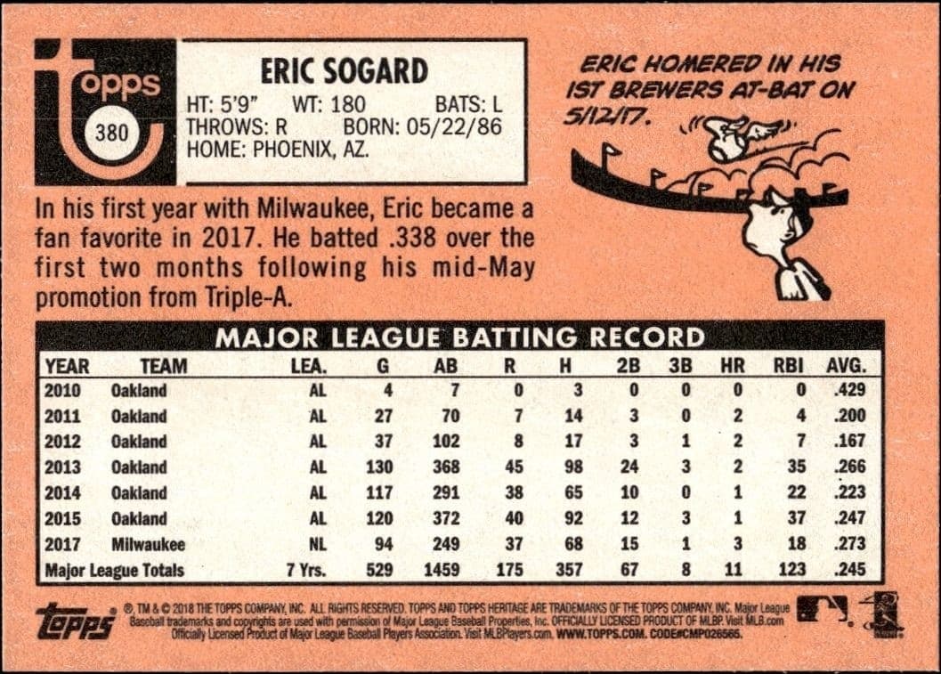 2018 Topps Heritage Eric Sogard #380 baseball trading card back