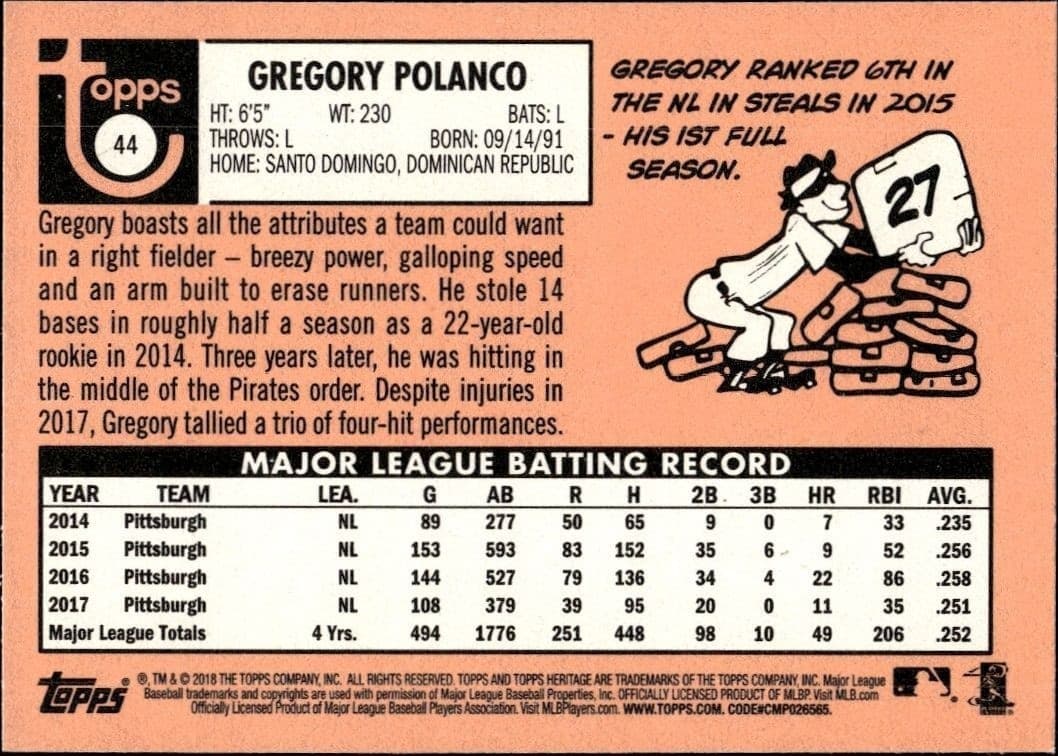 2018 Topps Heritage Gregory Polanco #44 baseball trading card back