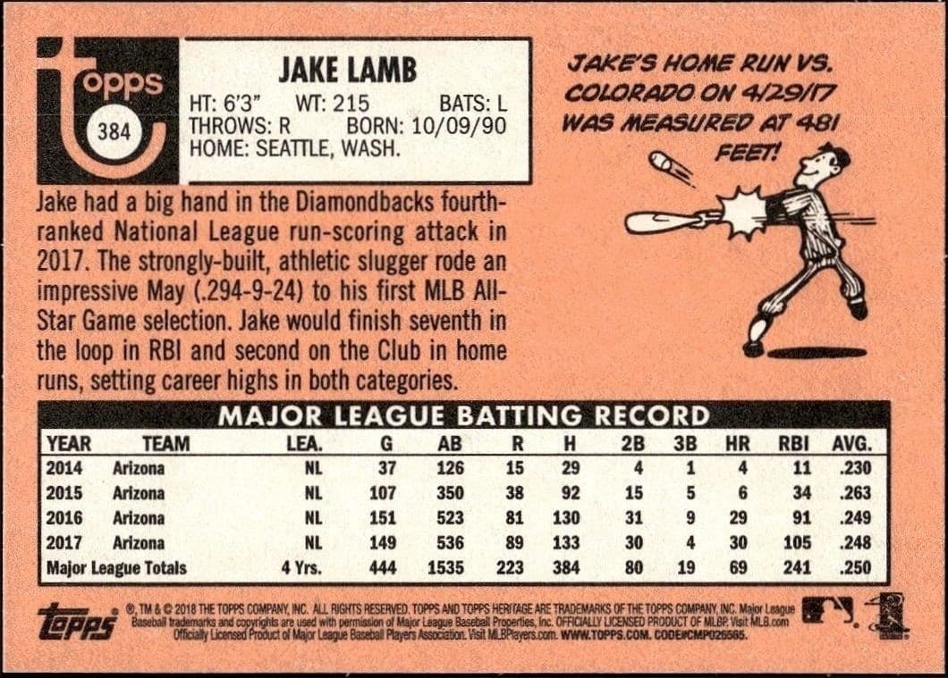 2018 Topps Heritage Jake Lamb #384 baseball trading card back