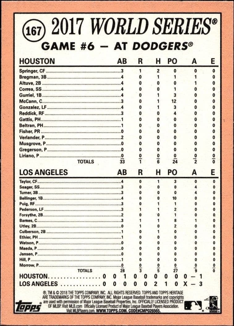 2018 Topps Heritage Pederson And Dodgers Tie Series: Joc Pederson #167 baseball trading card back