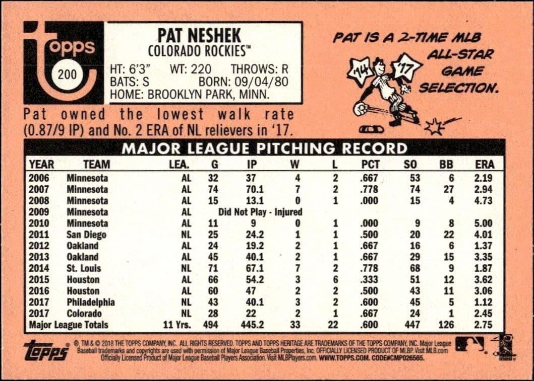 2018 Topps Heritage Pat Neshek #200 baseball trading card back