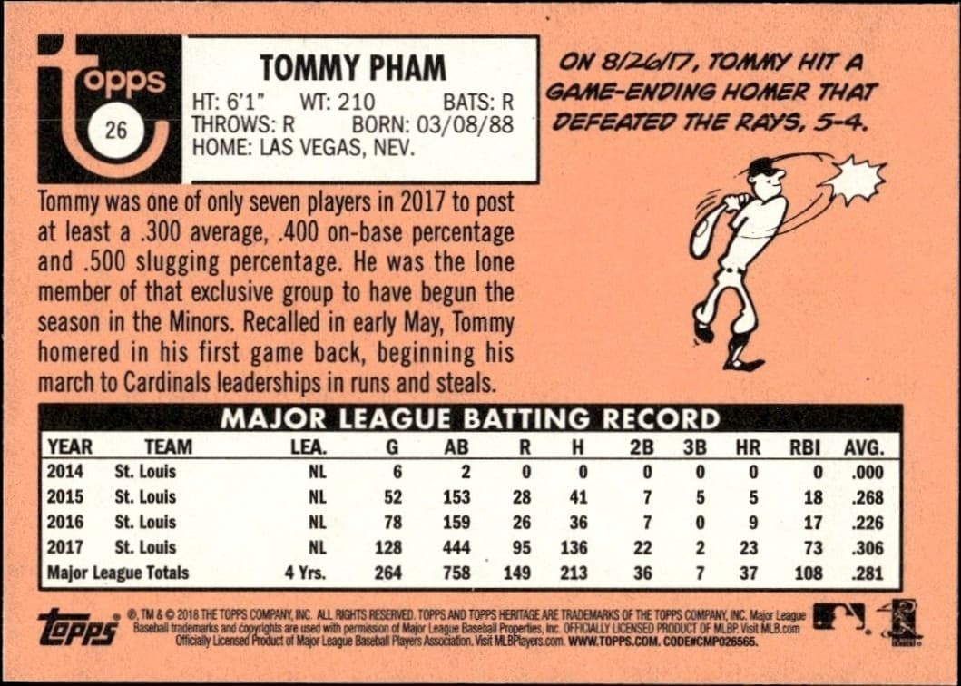 2018 Topps Heritage Tommy Pham #26 baseball trading card back