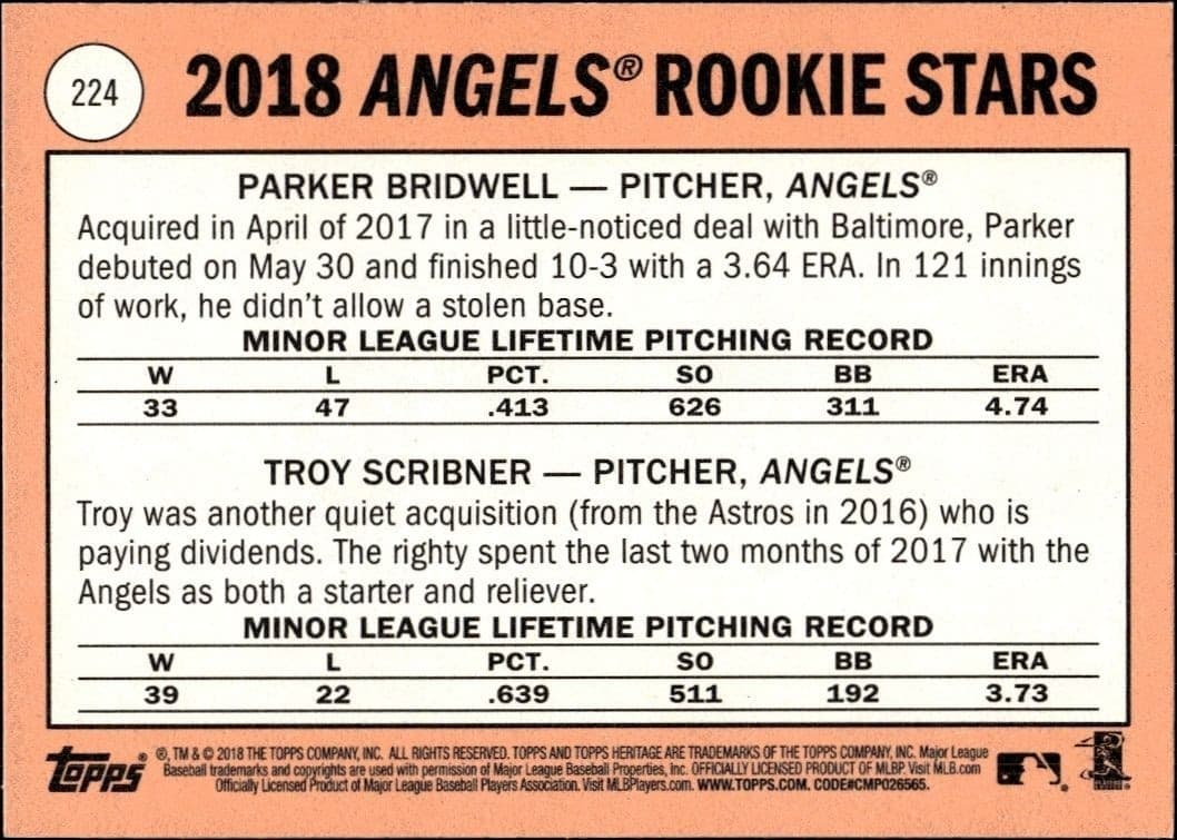 2018 Topps Heritage Parker Bridwell #224 baseball trading card back