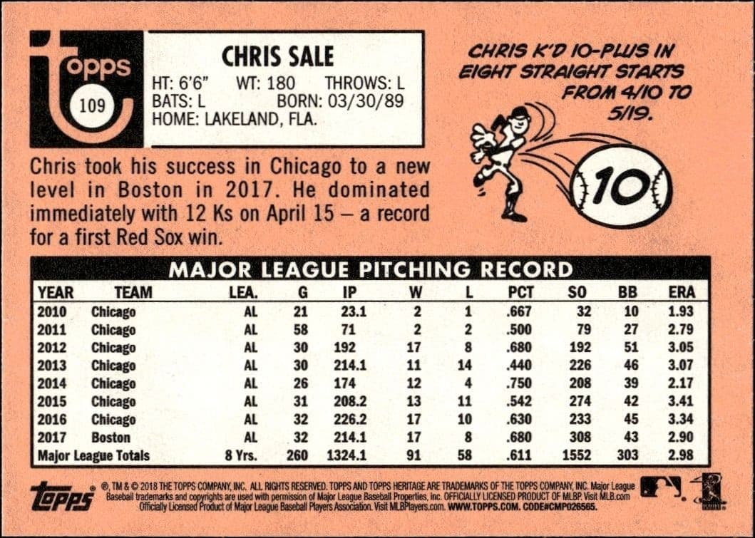 2018 Topps Heritage Chris Sale #109 baseball trading card back