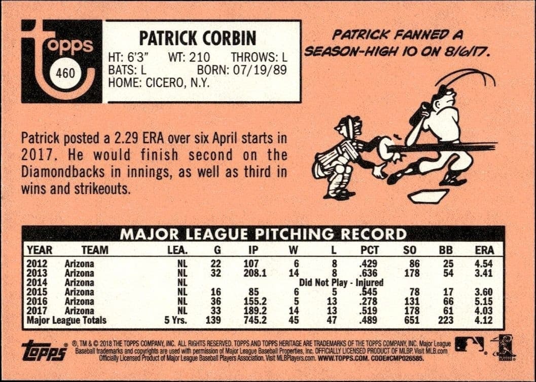 2018 Topps Heritage Patrick Corbin #460 baseball trading card back