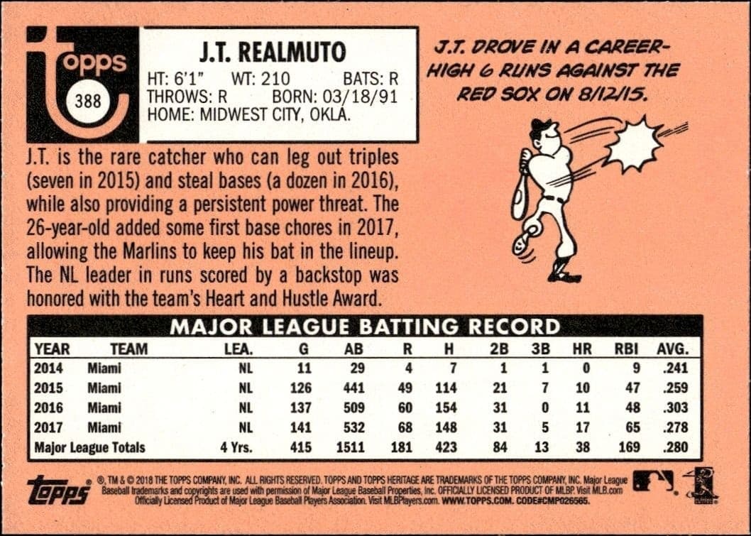 2018 Topps Heritage Jt Realmuto #388 baseball trading card back