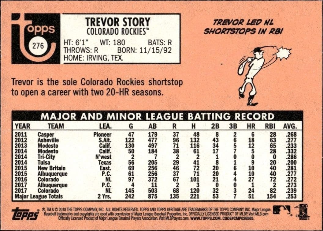 2018 Topps Heritage Trevor Story #276 baseball trading card back