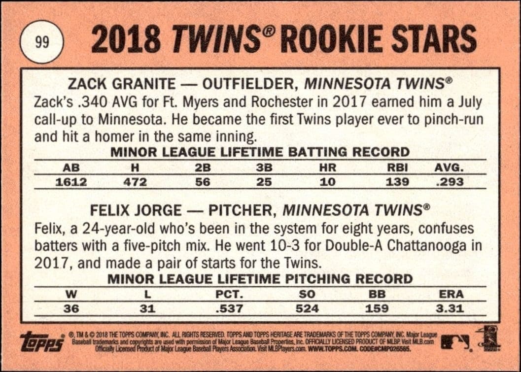 2018 Topps Heritage Zack Granite #99 baseball trading card back
