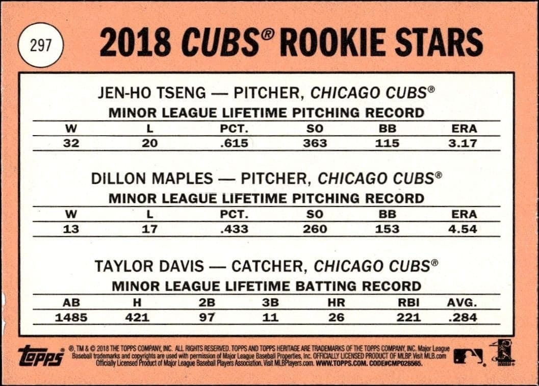 2018 Topps Heritage Jen-Ho Tseng #297 baseball trading card back