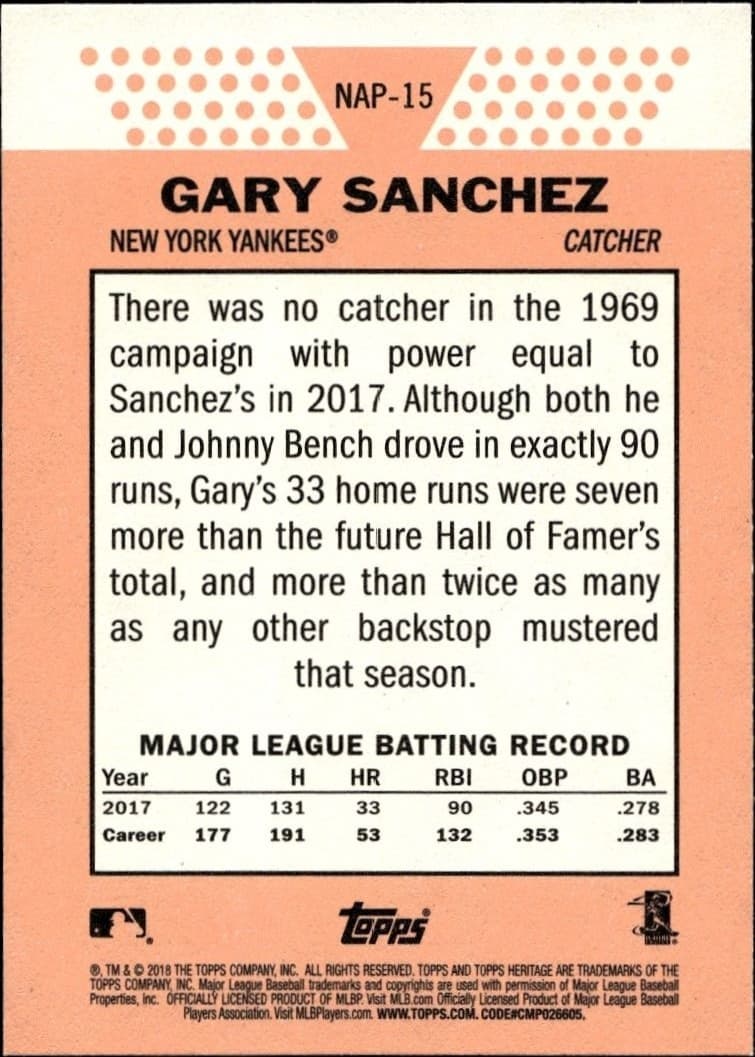 2018 Topps Heritage Gary Sanchez #NAP-15 baseball trading card back