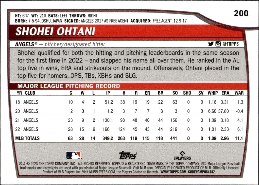 2023 Topps Big League Shohei Ohtani #200 baseball trading card back